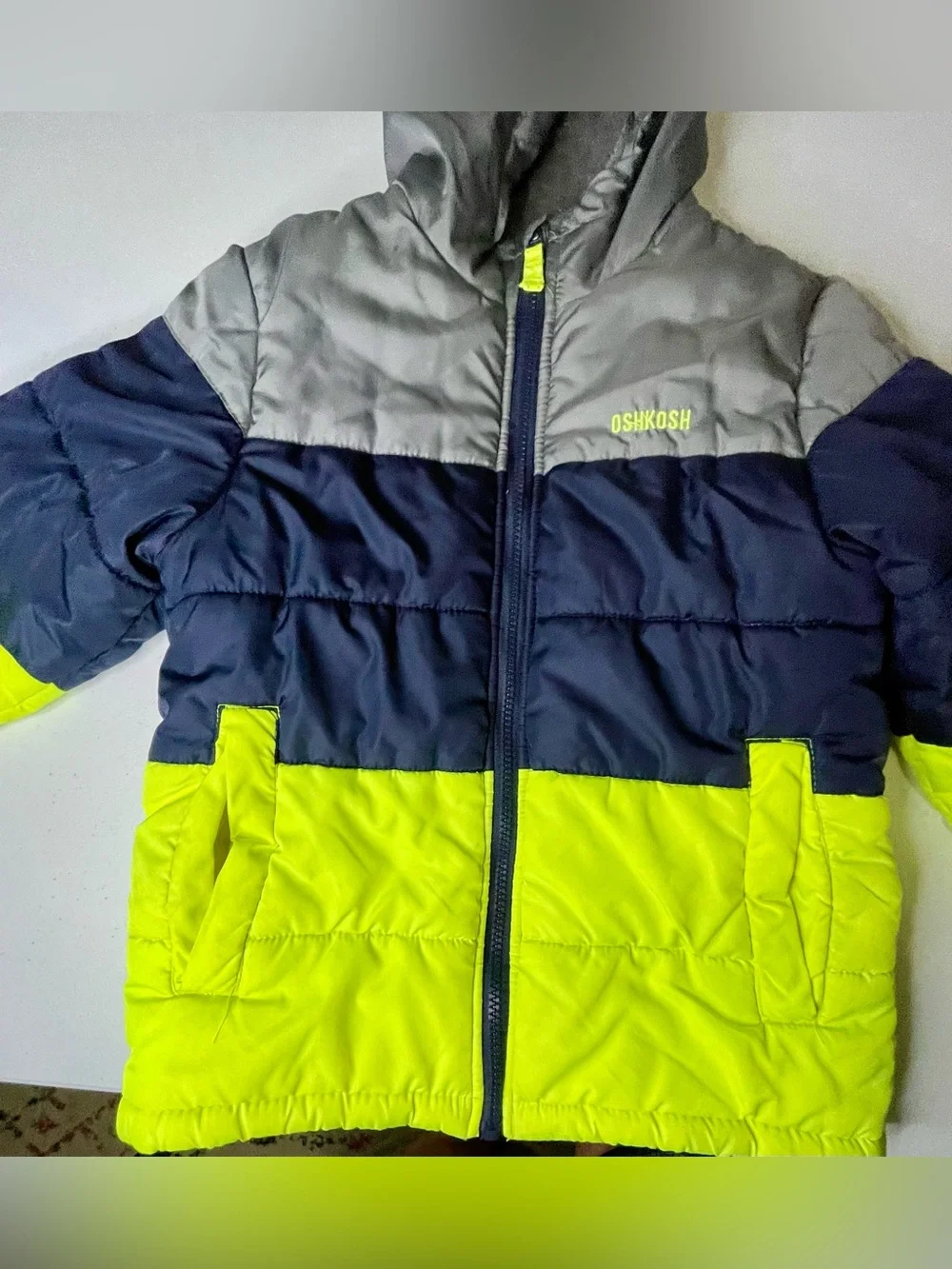 OshKosh B'gosh Gray, Navy & Neon Yellow Colorblock Hooded Puffer